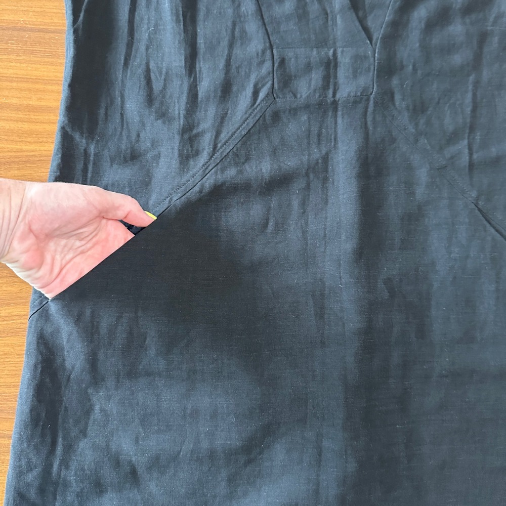 Eve Gravel Byblos Shift Dress Black Linen Blend Small V-Neck Pockets Minimalist - Picture 6 of 13